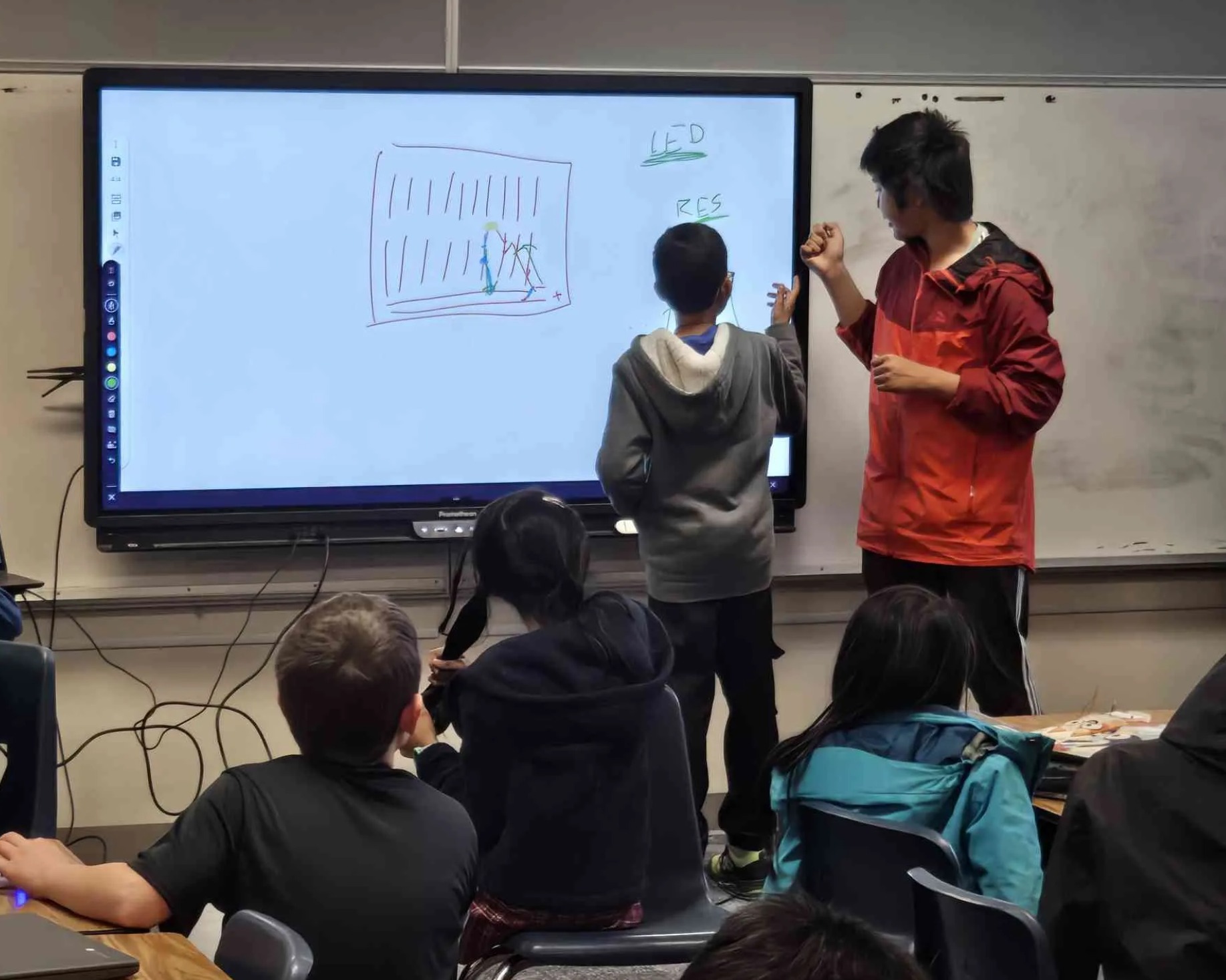 Elementary students engaged in a coding challenge